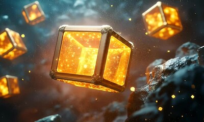 Aufkleber - Glowing Cubes Falling Dark Background Abstract Art