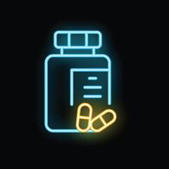 Wall Mural - Glowing neon line medical bottle with pills icon isolated on black background vector illustration