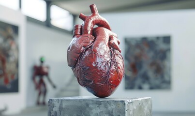 Wall Mural - Realistic model of a human heart on a concrete pedestal AI generated