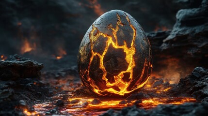 cracked lava egg with fiery glow, fantasy concept of a mysterious magical artifact