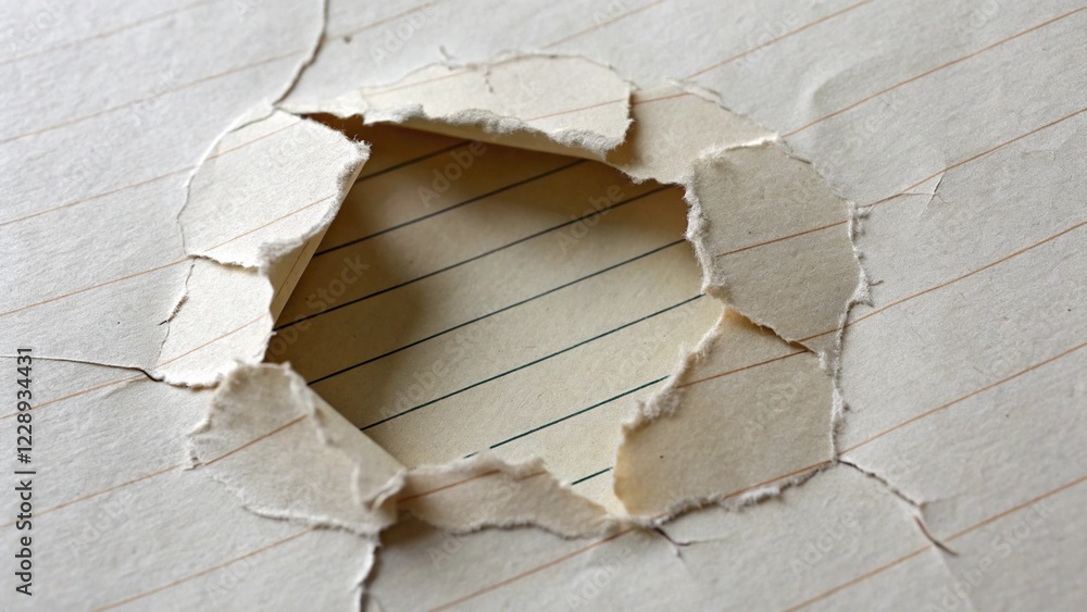 Ripped paper with a ragged hole revealing lined paper underneath Stock ...