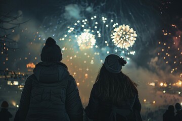 Poster - Back view of 2 young people in winter clothes celebrating new year with fireworks. Generative Ai, AI generated