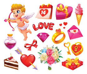 Wall Mural - Collection of love and Valentine's Day symbols like heart, gifts, and cupid. Vector cartoon illustration