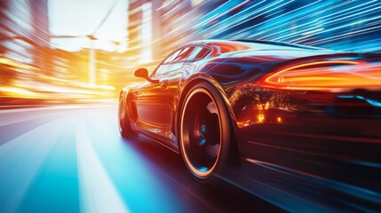 Poster - A sleek sports car speeds through a cityscape, creating a dynamic sense of motion with vibrant light trails in the background.