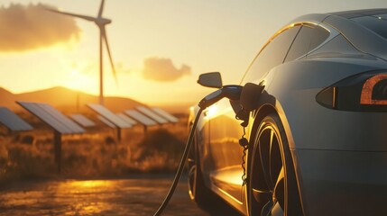 Aufkleber - A sleek electric car charges under a sunset, surrounded by solar panels and wind turbines, symbolizing sustainable energy.