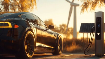 Aufkleber - A sleek electric car charging at a station with a wind turbine and solar panel in the background, highlighting sustainable energy sources.