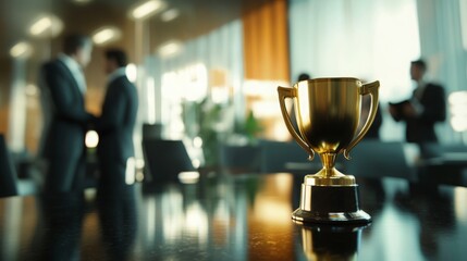 Poster - A golden trophy sits prominently on a table, symbolizing achievement, while two businesspeople converse in the blurred background of a modern office.
