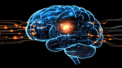 Poster - A futuristic digital brain with glowing circuits representing advanced technology and artificial intelligence.