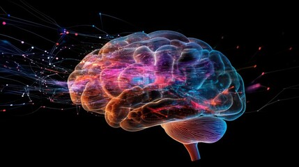 Poster - A vibrant, abstract depiction of a brain, showcasing colorful neural connections and energy against a dark background.