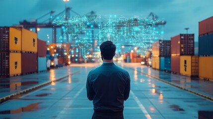 Aufkleber - A person stands before shipping containers, gazing at a digital network overlay, symbolizing technology's influence on logistics and trade.