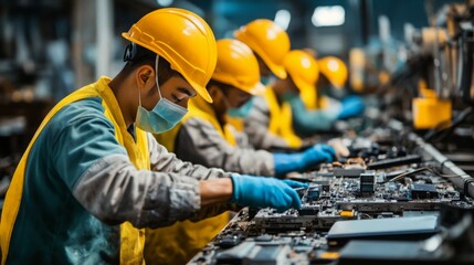 Aufkleber - A group of workers in protective gear assembles electronic components in a factory setting, highlighting teamwork and safety in manufacturing.