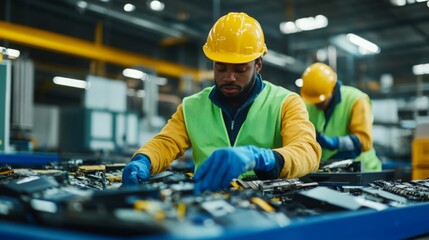 Aufkleber - Workers in safety gear examine electronic components in a factory setting, showcasing teamwork and attention to detail in a manufacturing environment.