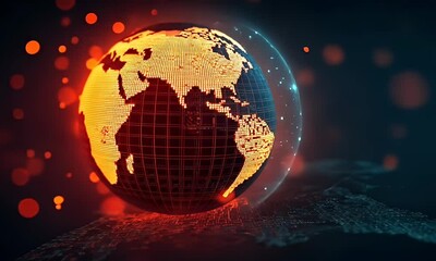 Poster - Glowing Earth model, digital network, global data, red background, technology concept