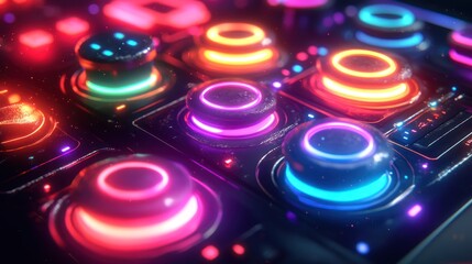 Close-up of colorful illuminated buttons on a futuristic control panel.