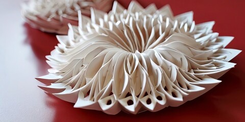 Poster - A white flower made of paper is on a red background
