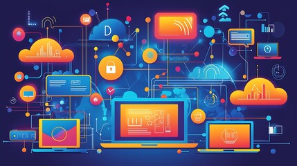 Wall Mural - Laptops, cloud computing, data flow, global network connection, digital transformation