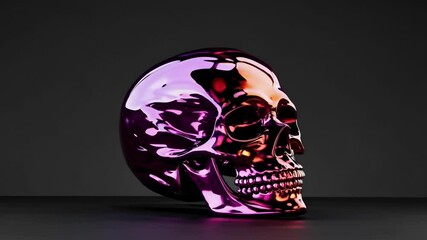 Poster - A rotating minimalistic skull with dynamic splashes of iridescent paint, creating a hypnotic gradient effect that changes over time.
