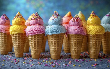 Wall Mural - Multiple ice cream cones in various colors with sprinkles on a colorful backdrop, AI generated