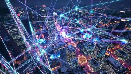 Aufkleber - An abstract digital grid overlay on futuristic architecture, emphasizing the integration of data and AI-driven solutions shaping urban life.
