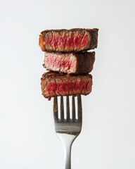 Wall Mural - Three slices of grilled steak on a fork. (1)