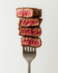 Wall Mural - Four slices of grilled steak on a fork. (1)