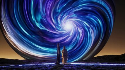 Fototapete - A cinematic shot of a contemplative figure standing in front of a giant, spiraling vortex of light, visualizing the exploration of new ideas.
