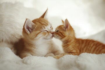 Wall Mural - Two adorable ginger kittens cuddling and kissing on a fluffy white blanket.