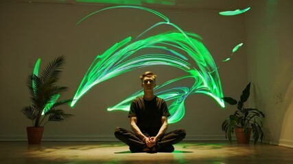 Aufkleber - A person sitting in a tranquil environment, surrounded by swirling light trails that illustrate the flow of ideas and problem-solving.
