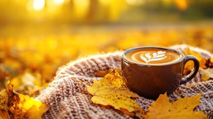 Poster - Autumn latte art coffee cup on cozy sweater.