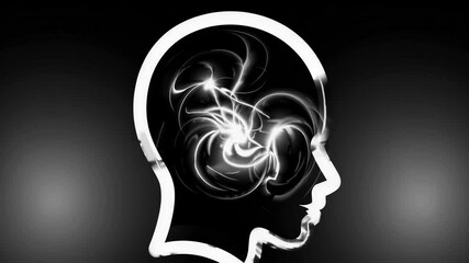Aufkleber - An abstract head silhouette filled with dynamic swirling light and soft motion of particles, symbolizing imagination and critical thinking.

