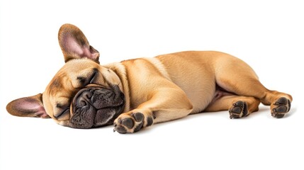 Wall Mural - Adorable fawn French bulldog puppy sleeping soundly on white background.