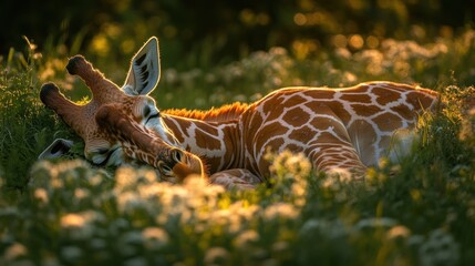 Sticker - Giraffe calf sleeping peacefully amidst wildflowers in golden sunlight.