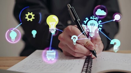 Aufkleber - A person writing in a notebook with a soft focus on their hand, while abstract floating graphics of thoughts and symbols appear above.
