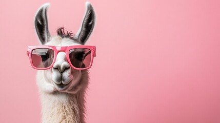 Wall Mural - Cool llama wearing pink sunglasses against pink background.