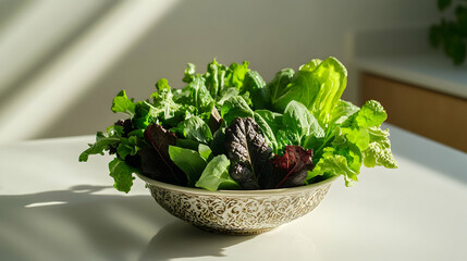 A group of fresh mixed greens arranged in a decorative bowl on a clean white countertop with soft shadows