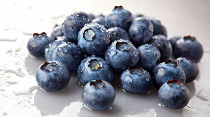 Wall Mural - A pile of freshly washed blueberries with water droplets, placed on a clean white surface