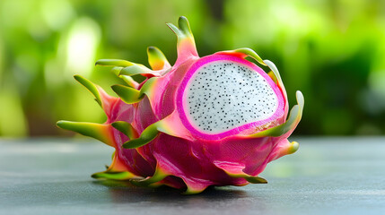 Wall Mural - A single dragon fruit with its bright pink skin and green tips, sliced open to show its speckled white interior, placed on a clean table