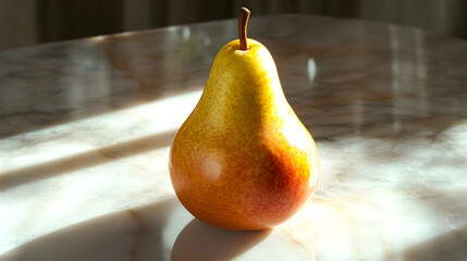 Wall Mural - A single ripe pear with a golden hue, placed on a glossy marble surface with natural light