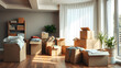 © Tark - Cardboard boxes with stuff indoors, space for text. Moving day. Generative AI