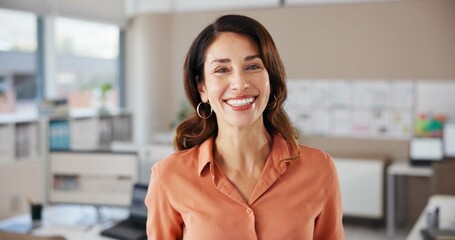 Poster - Portrait, business and woman in office, renovation company or smile with proposal plan. Positive feedback, inspection or employee in workplace, creative agency or real estate with project development
