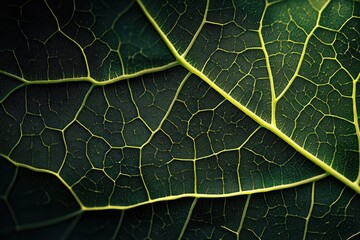Close-up of a leaf's intricate vein network, showcasing its dark green texture and detailed structure.