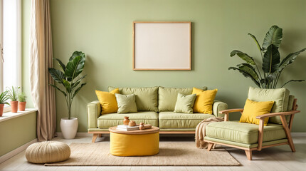 Wall Mural - a yellow couch is in a room with a white wall