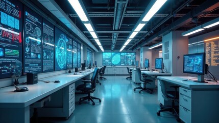 Modern Futuristic Data Center Control Room with Numerous Computer Workstations and Large Display Screens Showing Complex Data