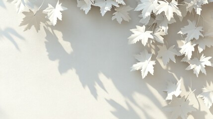 Wall Mural - White leaves and shadows on a light beige background.