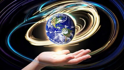 Poster - An abstract view of Earth floating above an open hand, surrounded by dynamic swirling energy and a soft atmospheric glow.
