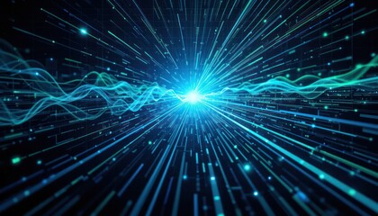 Digital data stream, fast speed, glowing lines, dark background, tech illustration