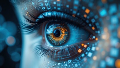 Woman's eye, digital data overlay, futuristic background, tech concept