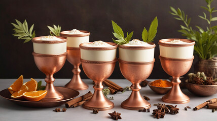 Wall Mural - Delightful artisanal drinks in copper chalices, garnished with spices and herbs, evoke warm, inviting atmosphere perfect for gatherings