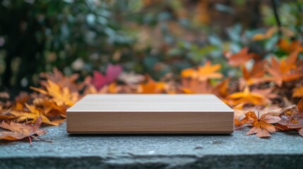 Wall Mural - Wooden platform on stone surface surrounded by autumn leaves.