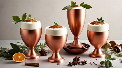 Wall Mural - Artisanal drink photography featuring copper chalices with creamy desserts, garnished with spices and herbs, evokes warm and inviting atmosphere